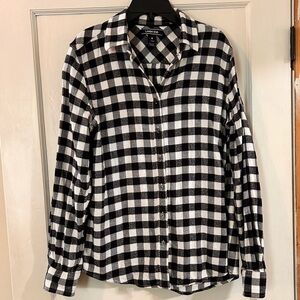Lands' End Women’s Black and White Checkered Flannel Shirt Button Down